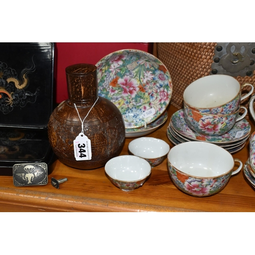 344 - A GROUP OF ORIENTAL ITEMS, to include a carved wooden tea caddy/flask, decorated with scrolls and se... 