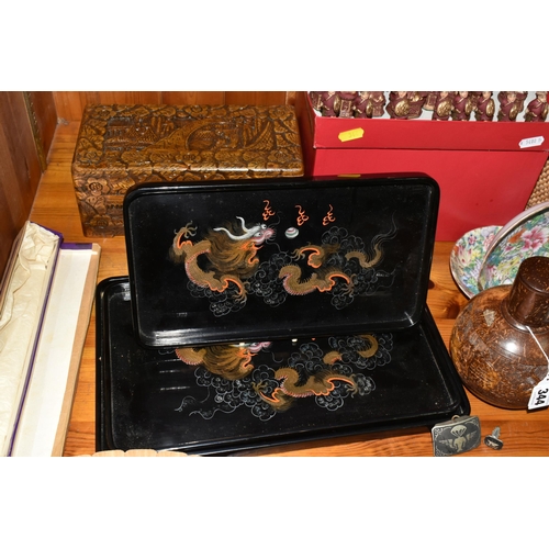 344 - A GROUP OF ORIENTAL ITEMS, to include a carved wooden tea caddy/flask, decorated with scrolls and se... 