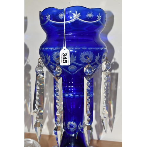 345 - A PAIR OF LUSTRES, blue cut to clear, each with eight hanging glass drops, height 36cm (2 + pot of l... 