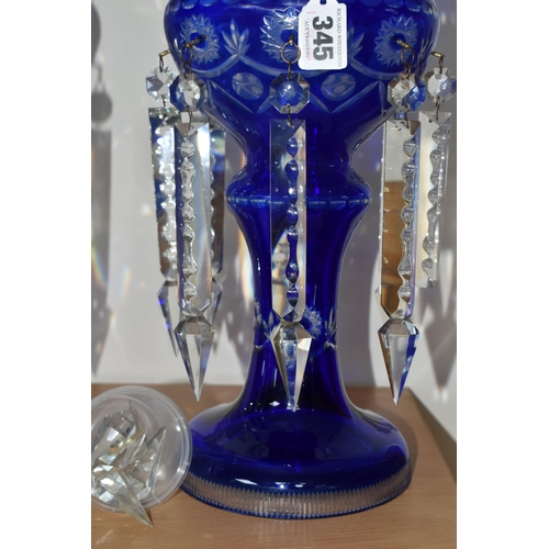 345 - A PAIR OF LUSTRES, blue cut to clear, each with eight hanging glass drops, height 36cm (2 + pot of l... 