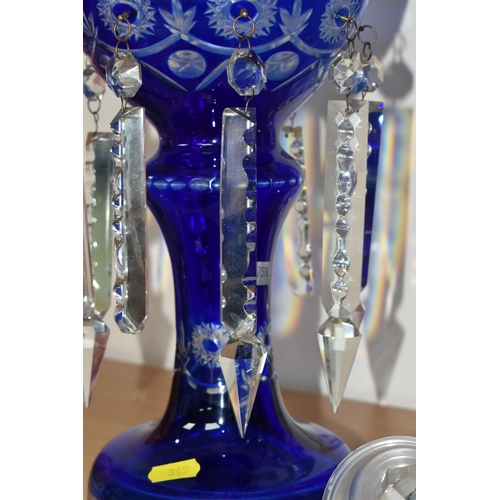 345 - A PAIR OF LUSTRES, blue cut to clear, each with eight hanging glass drops, height 36cm (2 + pot of l... 