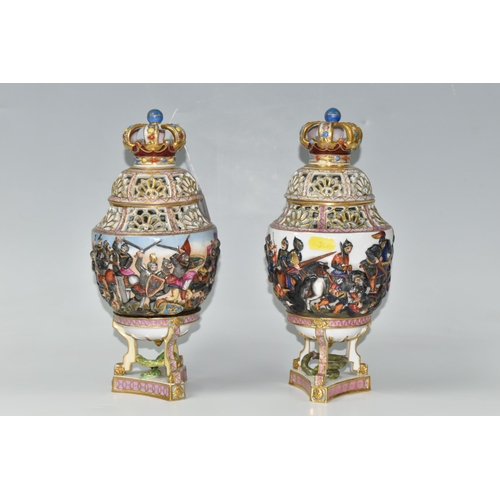 347 - A NEAR PAIR OF LATE NINETEENTH CENTURY CAPODIMONTE POT POURRI VASES, the finials in the form of a cr... 