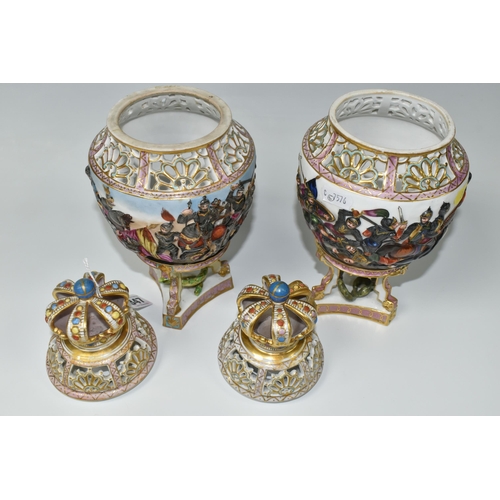 347 - A NEAR PAIR OF LATE NINETEENTH CENTURY CAPODIMONTE POT POURRI VASES, the finials in the form of a cr... 