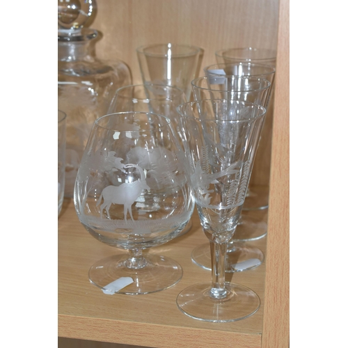 350 - A ROWLAND WARD DECANTER AND GLASSES, WITH SIMILAR, comprising a square decanter, engraved on all fou... 