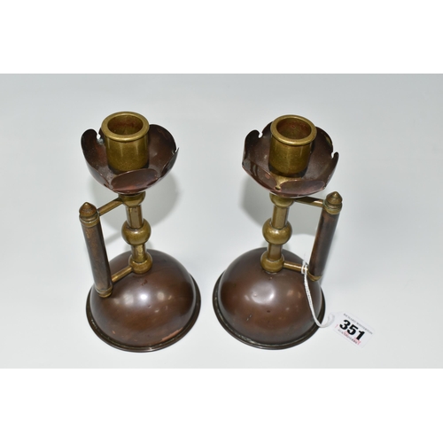 351 - A PAIR OF LATE NINETEENTH CENTURY CANDLESTICKS AFTER A DESIGN BY CHRISTOPHER DRESSER, for Benham & F... 