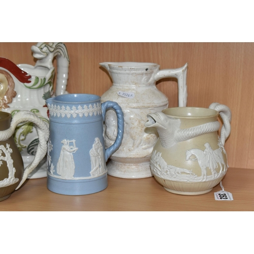 352 - A GROUP OF NINETEENTH CENTURY CERAMICS, comprising two jasperware-style jugs, with spout in the form... 