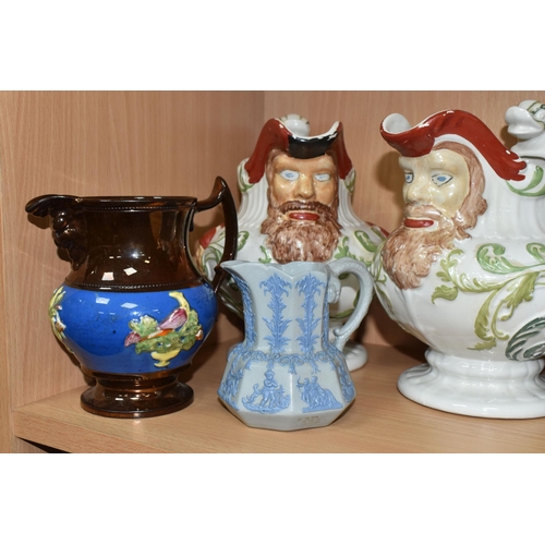 352 - A GROUP OF NINETEENTH CENTURY CERAMICS, comprising two jasperware-style jugs, with spout in the form... 