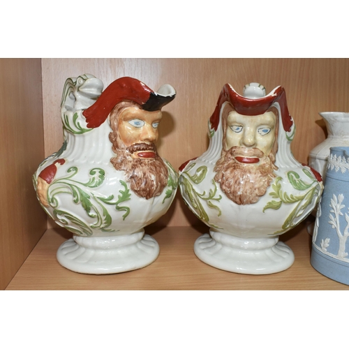 352 - A GROUP OF NINETEENTH CENTURY CERAMICS, comprising two jasperware-style jugs, with spout in the form... 