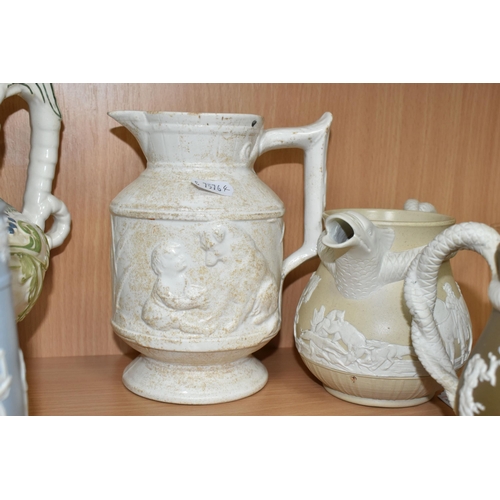 352 - A GROUP OF NINETEENTH CENTURY CERAMICS, comprising two jasperware-style jugs, with spout in the form... 