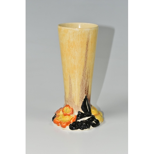 372 - A CLARICE CLIFF 'MY GARDEN' VASE, of tapering form, the base moulded and painted with orange, black ... 