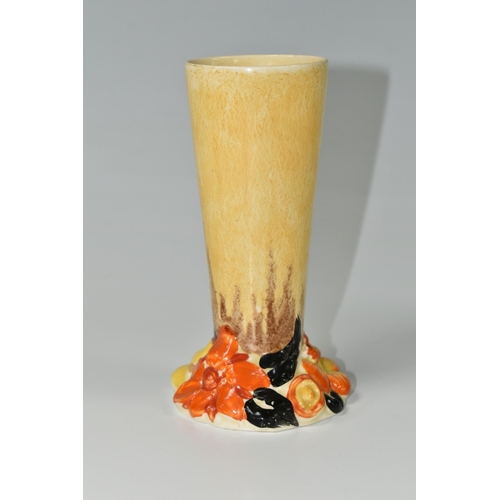 372 - A CLARICE CLIFF 'MY GARDEN' VASE, of tapering form, the base moulded and painted with orange, black ... 