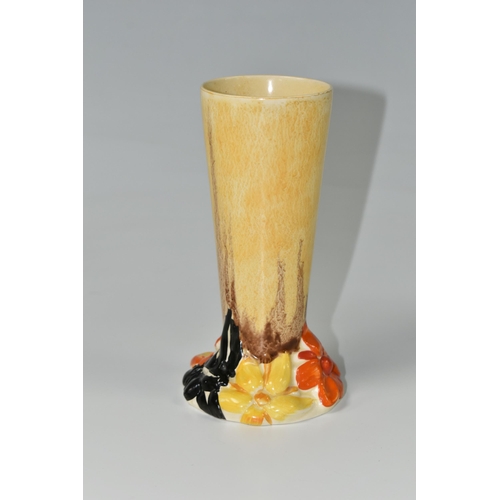 372 - A CLARICE CLIFF 'MY GARDEN' VASE, of tapering form, the base moulded and painted with orange, black ... 