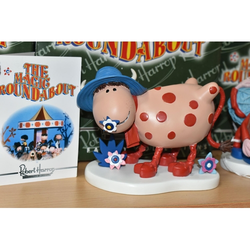 376 - THREE BOXED ROBERT HARROP 'THE MAGIC ROUNDABOUT' SCULPTURES, comprising Zebedee MR03 (crack in plant... 