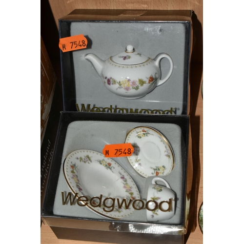 386 - A GROUP OF MINIATURE TEA WARE, to include boxed Wedgwood Mirabelle teapot, coffee pot, cream jug, co... 