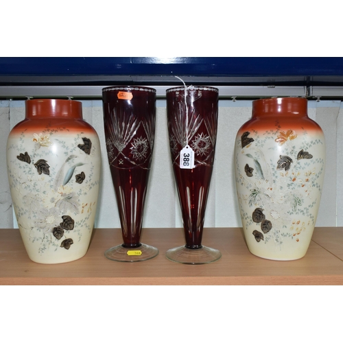 388 - TWO PAIRS OF EARLY 20TH CENTURY GLASS VASES, comprising a pair of Bohemian cranberry cut to clear gl... 