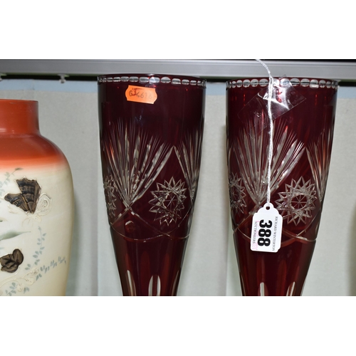 388 - TWO PAIRS OF EARLY 20TH CENTURY GLASS VASES, comprising a pair of Bohemian cranberry cut to clear gl... 