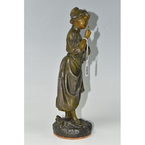 389 - A BRONZED CAST METAL FIGURE OF A YOUNG DUTCH GIRL WITH FLOWERS, height 32.5cm, possibly one of a pai... 