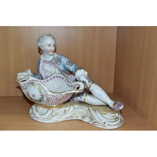 390 - A PAIR OF CONTINENTAL PORCELAIN FIGURAL BON BON DISHES, modelled with a recumbent young gentleman an... 