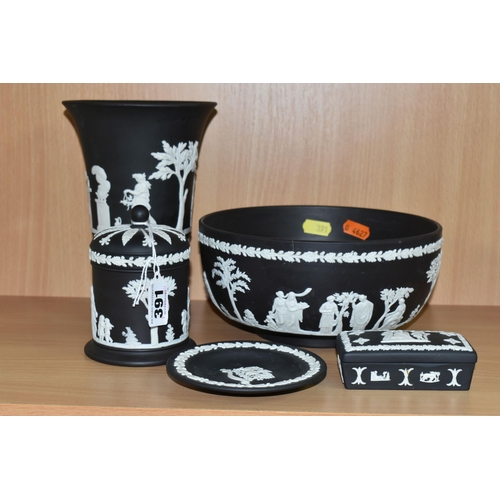 391 - FIVE PIECES OF WEDGWOOD BLACK JASPERWARE, Neo classical design, comprising a fruit bowl, diameter 19... 