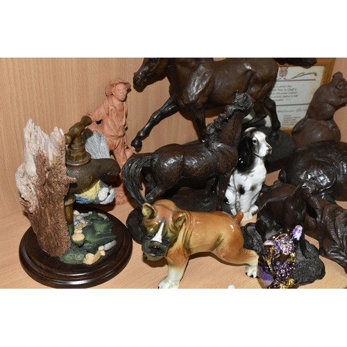 393 - A GROUP OF BRONZED RESIN FIGURINES, comprising a limited edition Welsh Pony by Chuff produced by Her... 