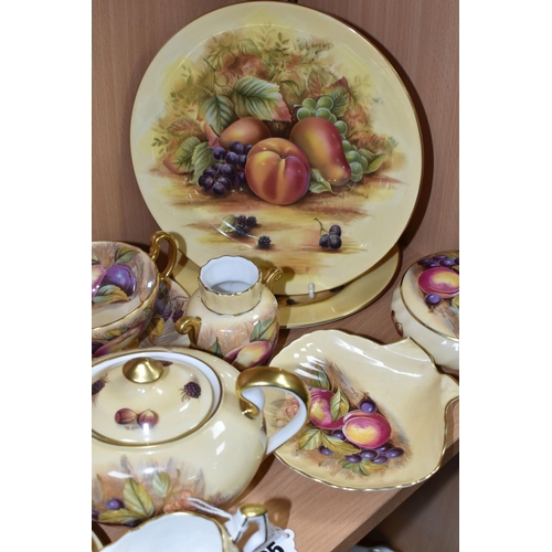 395 - A GROUP OF AYNSLEY 'ORCHARD GOLD' TEAWARE, comprising a twin handled covered sugar bowl with printed... 