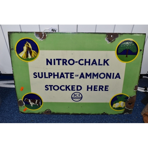 401 - A 20TH CENTURY ENAMEL ADVERTISING WALL SIGN, advertising ICI Nitro-Chalk Sulphate of Ammonia, with f... 