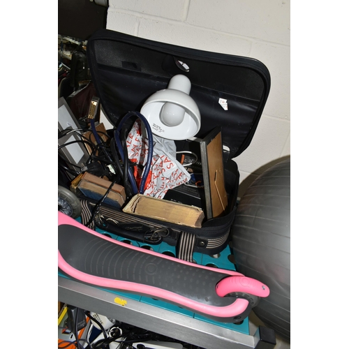 408 - TWO SMALL SUITCASES AND LOOSE SUNDRIES, to include a 65cm RBK exercise ball, a pair of Pied á Terre ... 