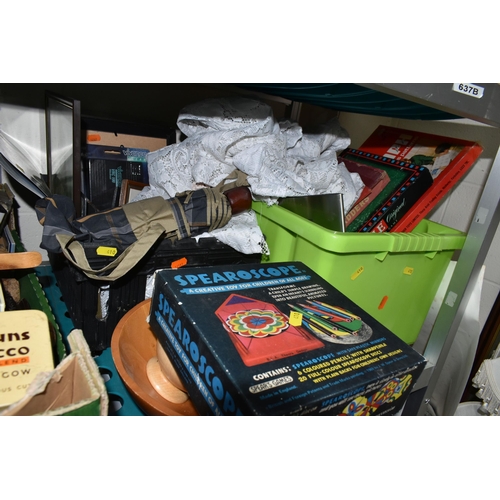 410 - FIVE BOXES OF MISCELLANEOUS SUNDRIES, to include vintage tins, Vogue umbrella, three ceramic table l... 