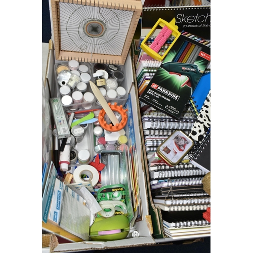 416 - FOUR BOXES OF CRAFT MATERIALS AND STATIONERY, to include rubber stamps, stickers, sequins and embell... 