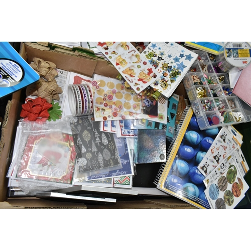 416 - FOUR BOXES OF CRAFT MATERIALS AND STATIONERY, to include rubber stamps, stickers, sequins and embell... 