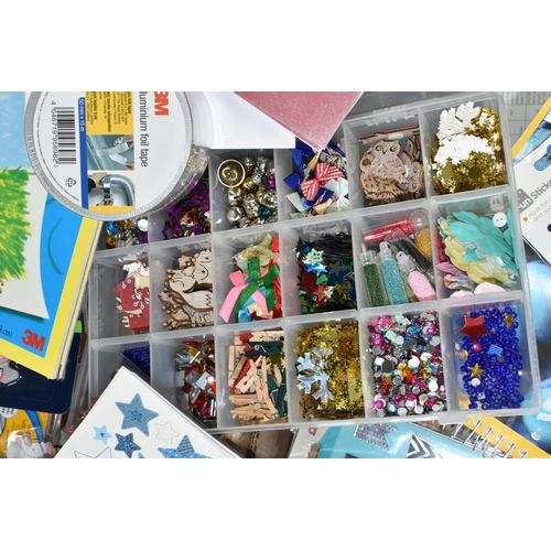 416 - FOUR BOXES OF CRAFT MATERIALS AND STATIONERY, to include rubber stamps, stickers, sequins and embell... 