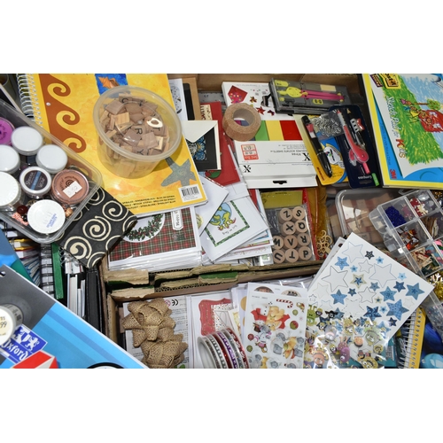 416 - FOUR BOXES OF CRAFT MATERIALS AND STATIONERY, to include rubber stamps, stickers, sequins and embell... 