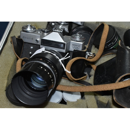 417 - A BOX, A CASE AND LOOSE CAMERAS AND PHOTOGRAPHIC EQUIPMENT, to include a Zenit-E Moscow 1980 Olympic... 