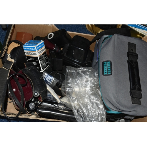 418 - THREE BOXES OF CAMERAS AND PHOTOGRAPHIC EQUIPMENT, to include two Canon EOS 1000F cameras, each fitt... 