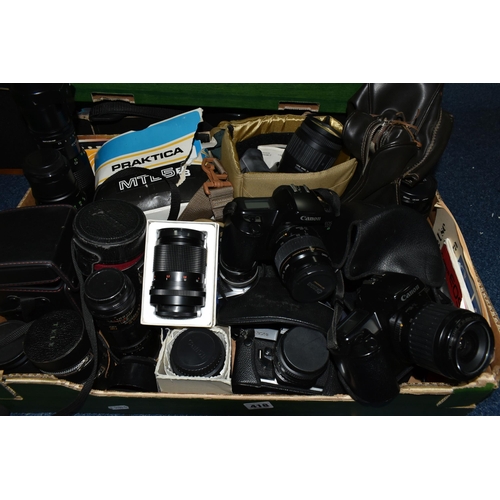 418 - THREE BOXES OF CAMERAS AND PHOTOGRAPHIC EQUIPMENT, to include two Canon EOS 1000F cameras, each fitt... 