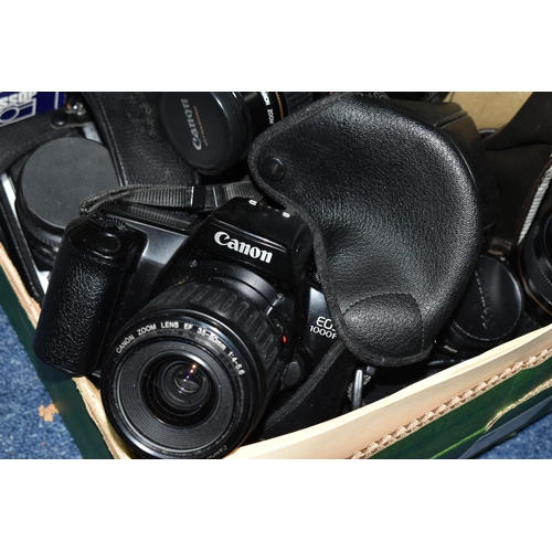 418 - THREE BOXES OF CAMERAS AND PHOTOGRAPHIC EQUIPMENT, to include two Canon EOS 1000F cameras, each fitt... 