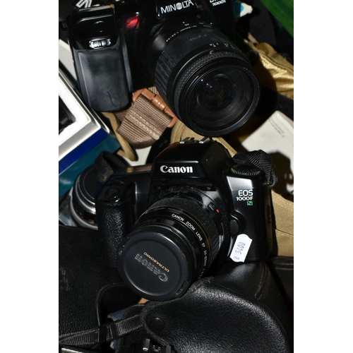 418 - THREE BOXES OF CAMERAS AND PHOTOGRAPHIC EQUIPMENT, to include two Canon EOS 1000F cameras, each fitt... 