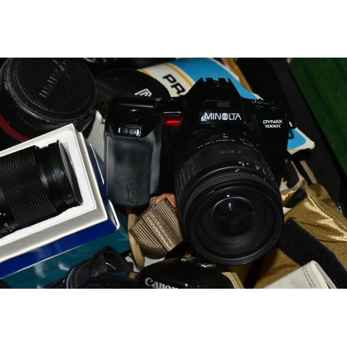 418 - THREE BOXES OF CAMERAS AND PHOTOGRAPHIC EQUIPMENT, to include two Canon EOS 1000F cameras, each fitt... 