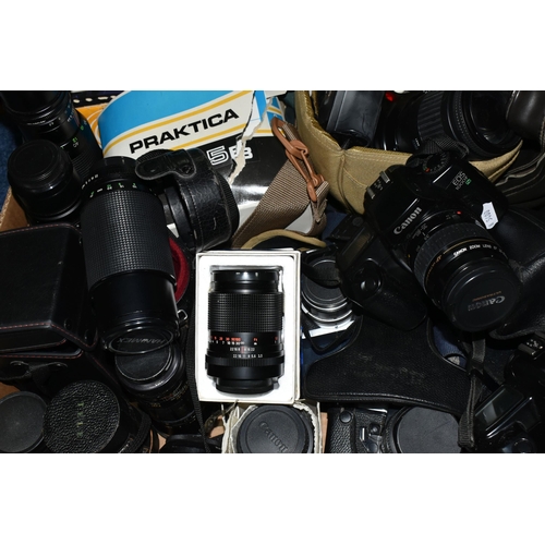 418 - THREE BOXES OF CAMERAS AND PHOTOGRAPHIC EQUIPMENT, to include two Canon EOS 1000F cameras, each fitt... 