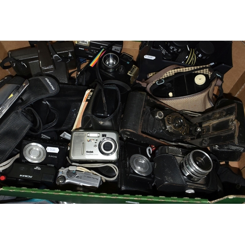 418 - THREE BOXES OF CAMERAS AND PHOTOGRAPHIC EQUIPMENT, to include two Canon EOS 1000F cameras, each fitt... 