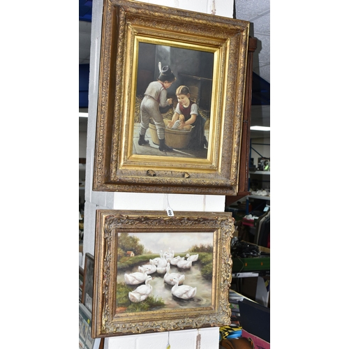 420 - TWO REPRODUCTION OIL PAINTINGS, comprising a copy of Gustav Iglers 'Bathing her dolls', unsigned oil... 