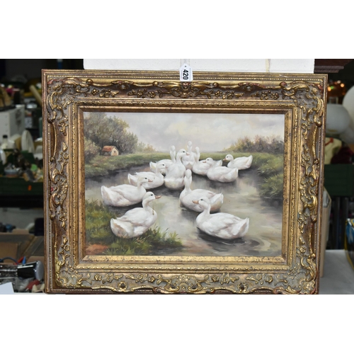 420 - TWO REPRODUCTION OIL PAINTINGS, comprising a copy of Gustav Iglers 'Bathing her dolls', unsigned oil... 