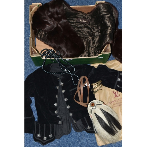 425 - ONE BOX OF VINTAGE SUNDRIES, to include an 'Ameri Kaner' A&D coil snake bangle, a rich brown mink fu... 