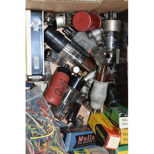 429 - ONE BOX OF VINTAGE GLASS RADIO VALVES, and other components, maker's names include Tungstram, Pinnac... 