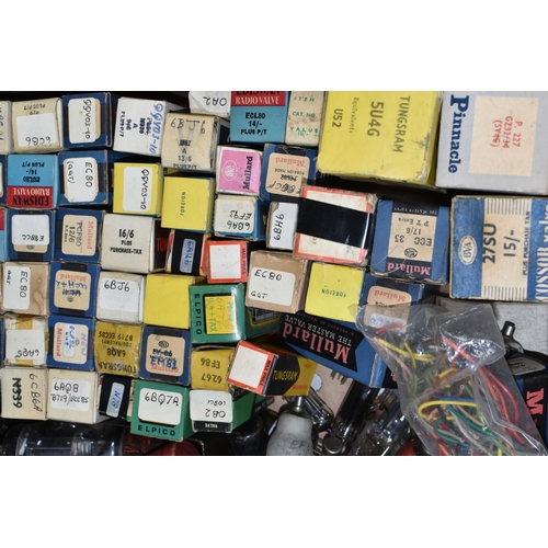 429 - ONE BOX OF VINTAGE GLASS RADIO VALVES, and other components, maker's names include Tungstram, Pinnac... 