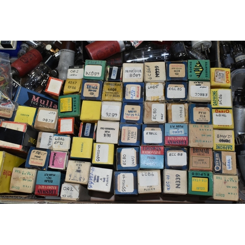 429 - ONE BOX OF VINTAGE GLASS RADIO VALVES, and other components, maker's names include Tungstram, Pinnac... 