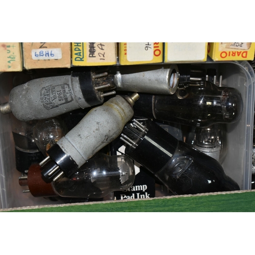 429 - ONE BOX OF VINTAGE GLASS RADIO VALVES, and other components, maker's names include Tungstram, Pinnac... 