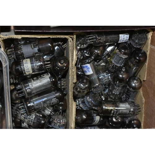 429 - ONE BOX OF VINTAGE GLASS RADIO VALVES, and other components, maker's names include Tungstram, Pinnac... 