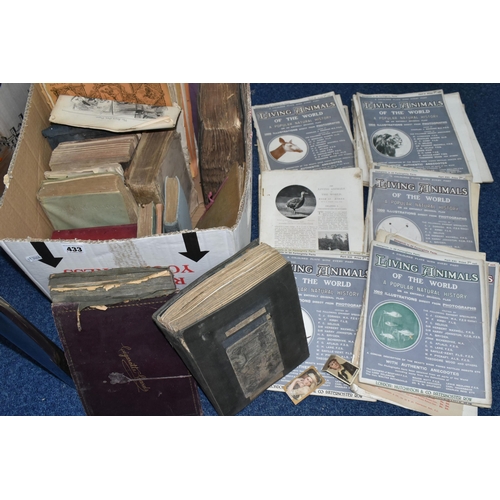 433 - ONE BOX OF MIXED EPHEMERA to include antiquarian book titles (Dante, Balzac, Wilde, etc) scrapbooks,... 