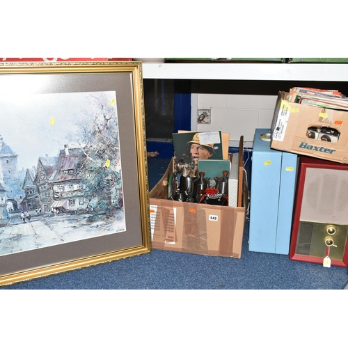 542 - TWO BOXES AND LOOSE RECORDS, RECORD PLAYER, PICNIC SET, METAL WARE AND MISCELLANEOUS ITEMS, to inclu... 